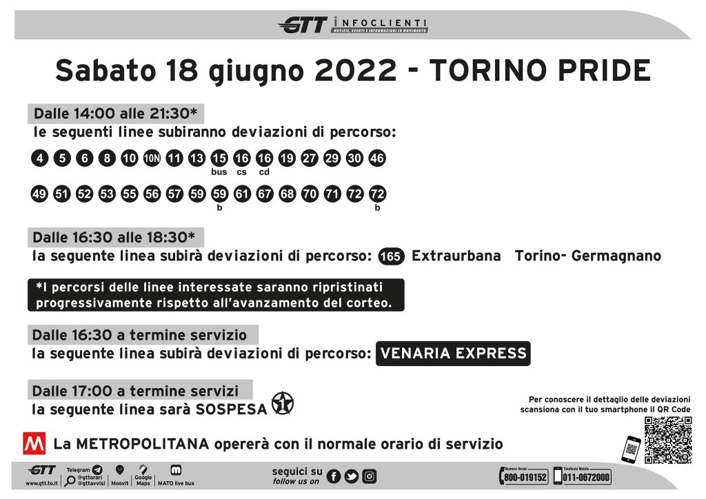 Torino Pride GTT deviazioni del 18 giugno 2022
