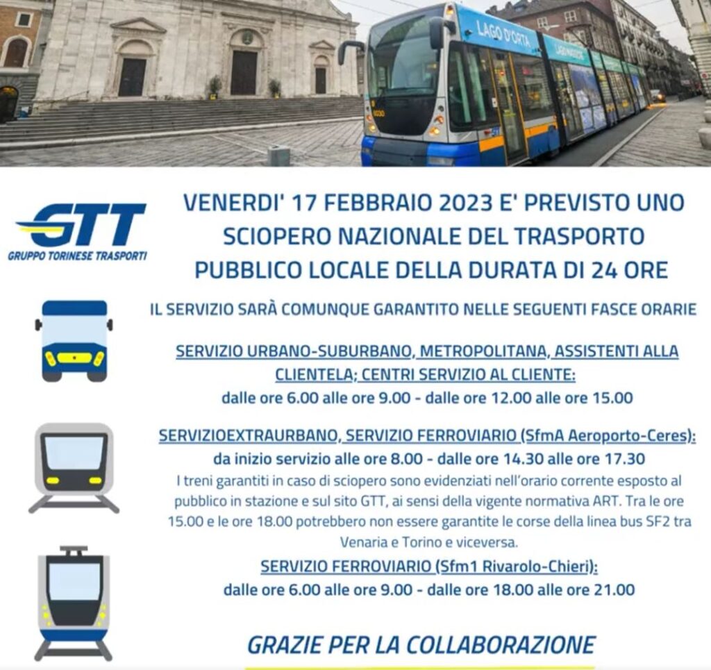 Sciopero GTT Torino 17 febbraio 2023 info e orari
