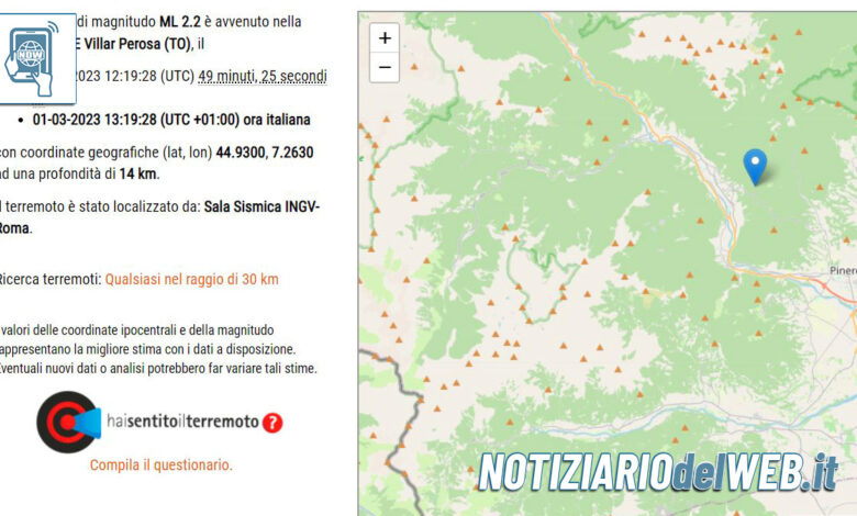 Terremoto Pinerolo oggi 1 marzo 2023 ML 2.2 a Villar Perosa