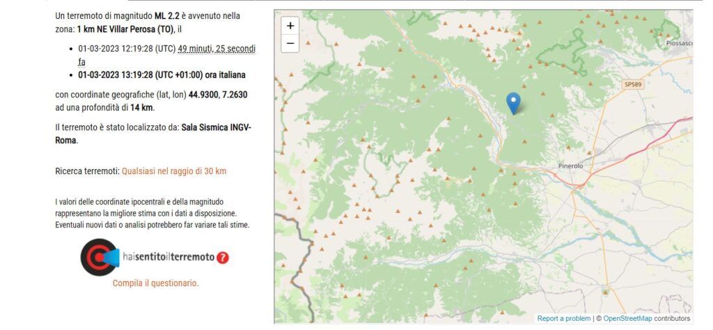 Terremoto Pinerolo oggi 1 marzo 2023 ML 2.2 a Villar Perosa